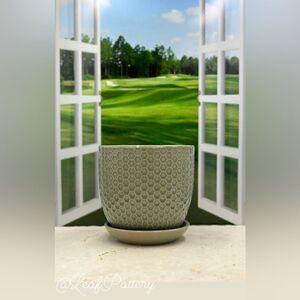 Teal/Green Octagon Ceramic Planter Pot with Saucer Attached